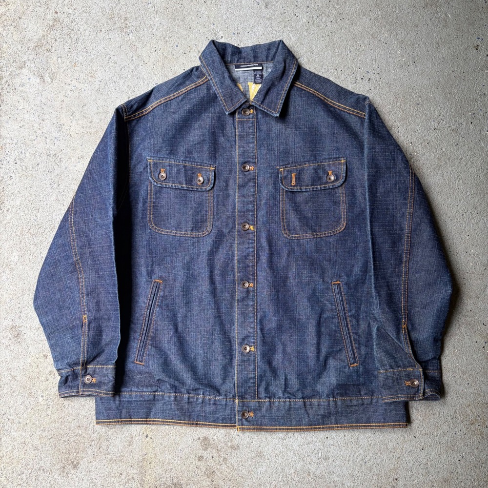 Rocawear Mens XL Denim Jacket Dark Wash RW95 Embroidered Back Streetwear Blue